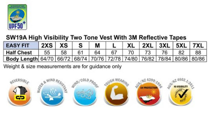 A high-visibility, two-tone safety vest featuring 3M reflective tapes in yellow and orange, with a logo.