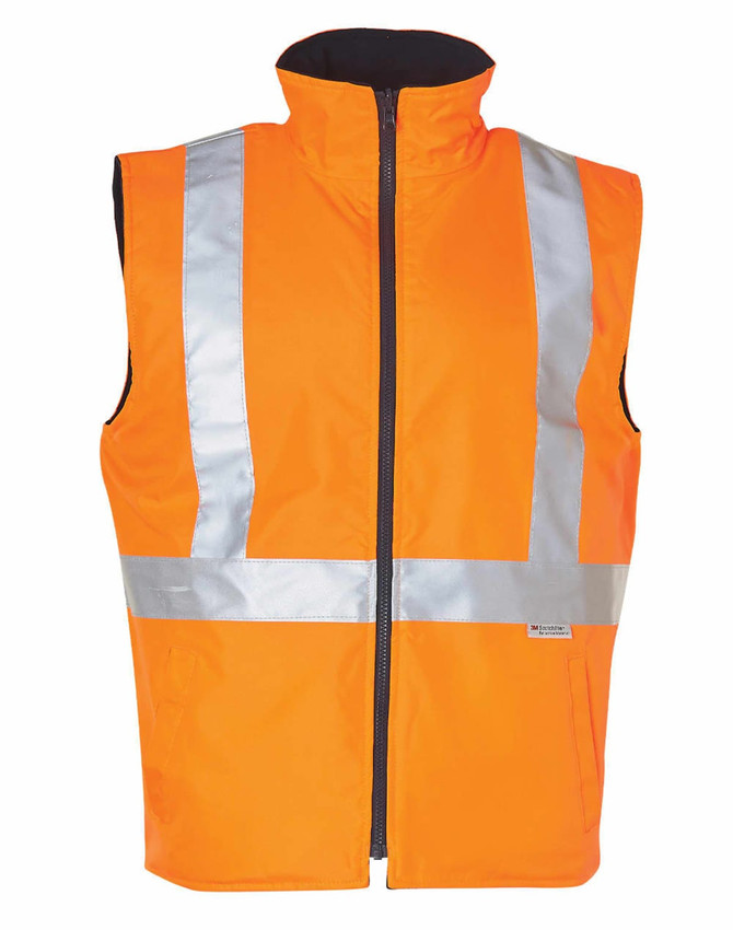 A bright orange reversible safety vest with silver hoop pattern reflective tapes. It features a high collar and a zip front.