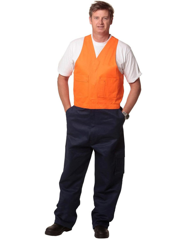 Men's cotton drill overall in navy blue with an orange vest. Features two front pockets and a logo.