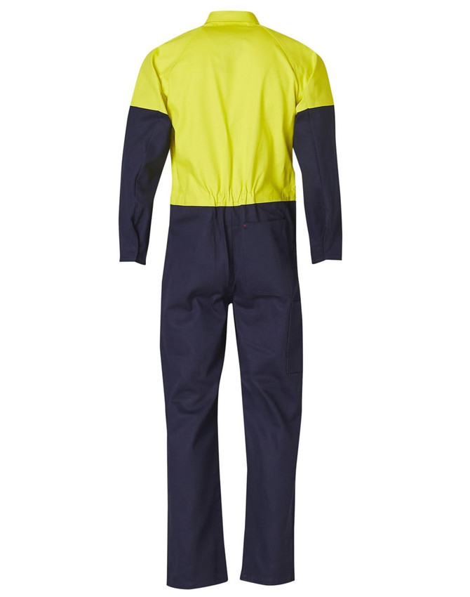 A men's cotton drill coverall in hi-vis yellow and navy, featuring long sleeves and a back view. It includes a logo.