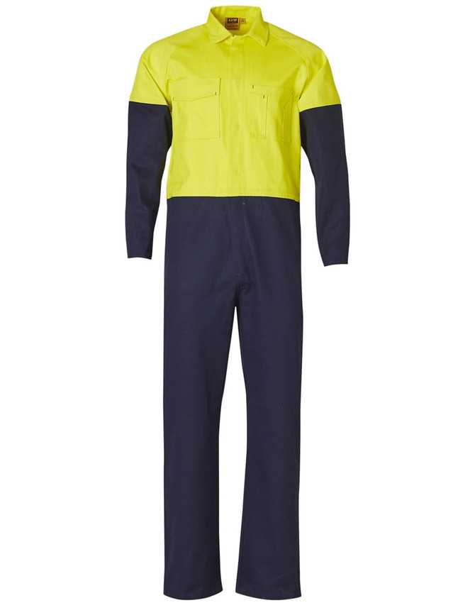 A Hi-Vis two-tone men's cotton drill coverall in bright yellow and navy blue, featuring two front pockets and a logo.