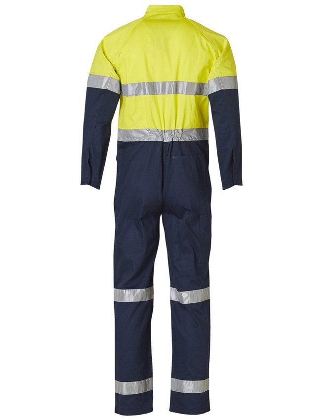 A high-visibility men's lightweight cotton coverall in yellow and navy, featuring reflective 3M tape.