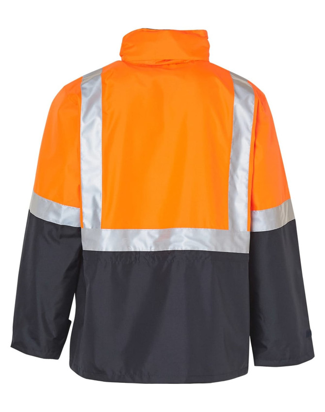 A safety jacket featuring high-visibility orange and black panels, with reflective 3M tape accents.