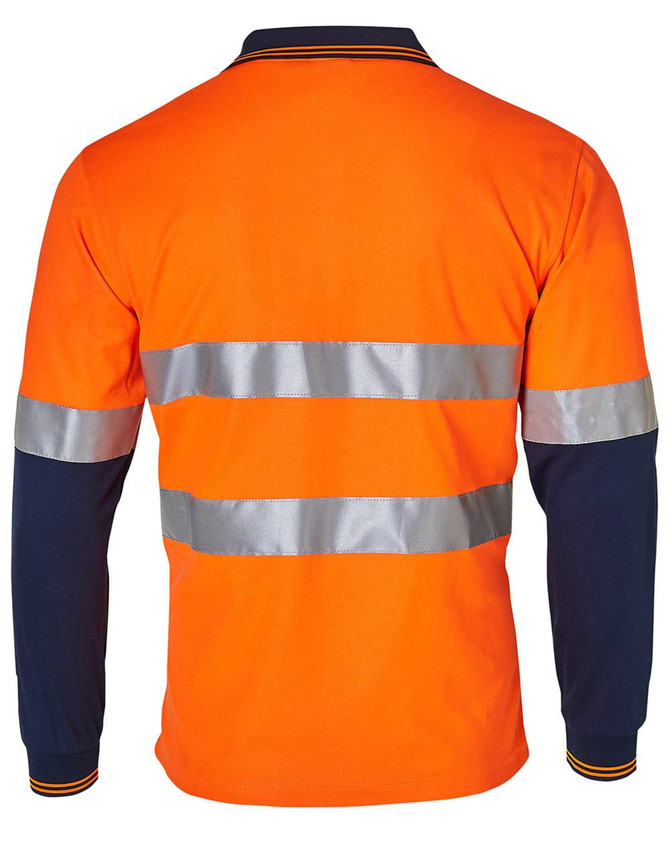 A long-sleeve safety polo shirt in bright orange and navy, featuring reflective tape across the back.