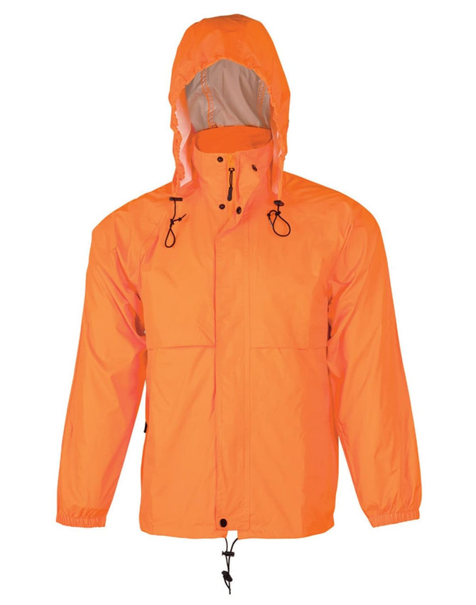 An orange hi-vis spray jacket with a hood and adjustable features, featuring a logo. 