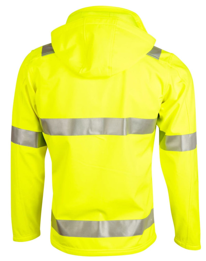 A bright yellow hooded softshell jacket featuring reflective 3M tape, designed for visibility in workwear.