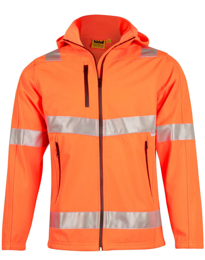 A bright orange hooded softshell jacket featuring reflective strips and a logo. Suitable for workwear and visibility.