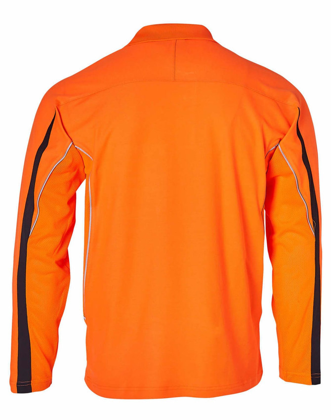 A high-visibility long-sleeve polo shirt in bright orange, featuring black detailing and a logo on the front.