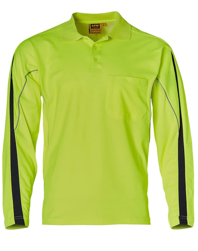 A long-sleeved hi-vis polo shirt in bright yellow with black accents and a pocket. It features a logo.