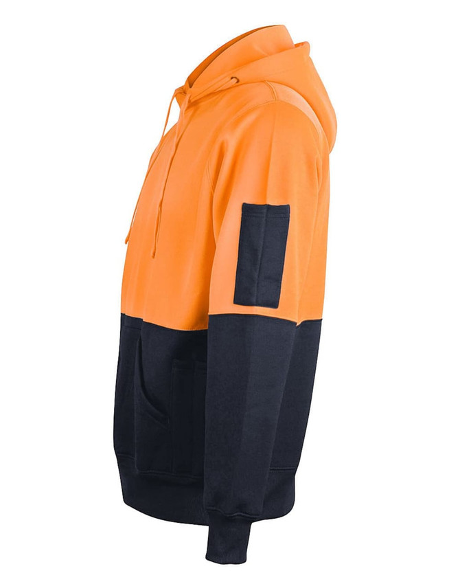 A two-tone kangaroo pocket hoodie in high-visibility orange and navy, featuring a logo on the arm.