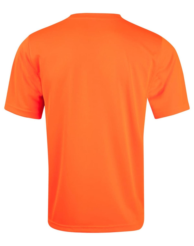 A bright orange safety tee with a short sleeve design, featuring a rounded neckline and a smooth texture.
