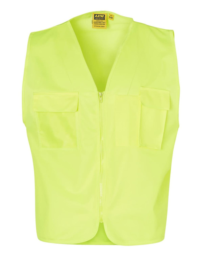 A bright yellow high-visibility safety vest featuring multiple pockets and a front zipper, with a logo.