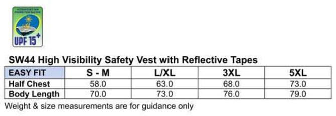A high visibility safety vest with reflective tapes in various sizes, featuring a logo.