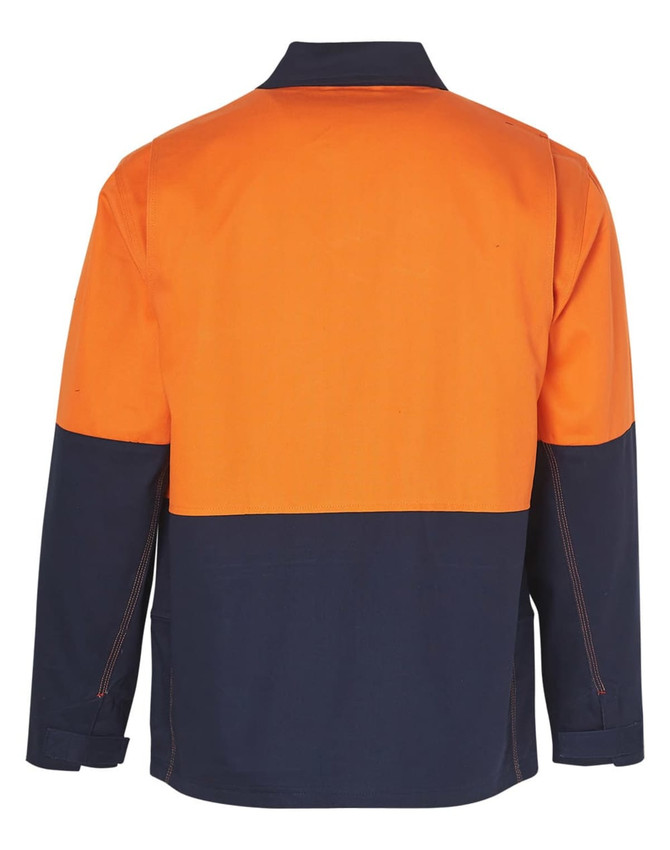 A Hi-Vis two-tone work jacket with an orange upper section and navy lower section, featuring a logo on the front.
