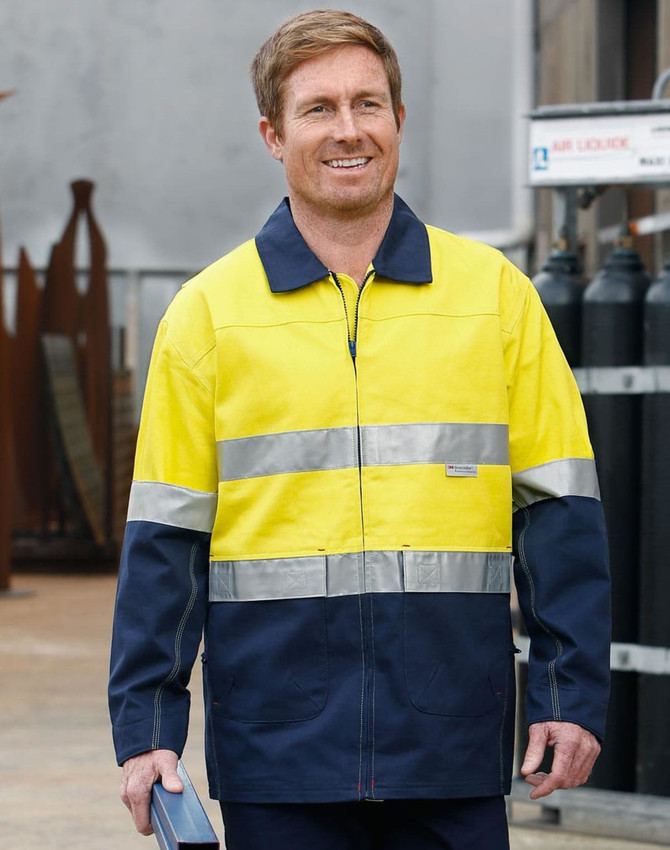 A Hi-Vis two-tone work jacket in yellow and navy with reflective 3M tapes, featuring a logo on the chest.