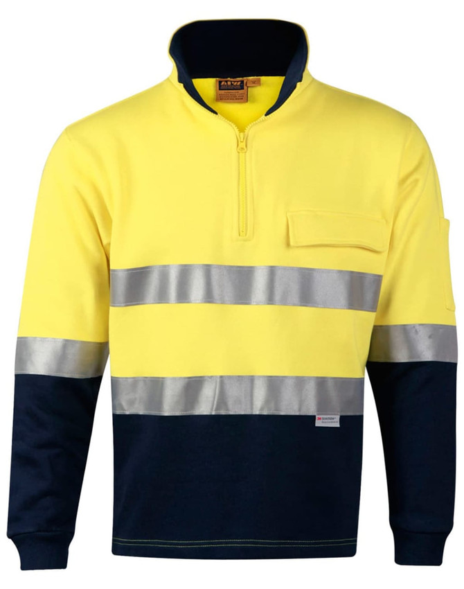 Hi-Vis two-tone cotton fleecy sweat in yellow and navy, featuring reflective 3M tape and a zippered collar.