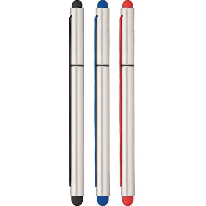 A set of three stylus pens in black, blue, and red, featuring a metallic silver body and a logo.