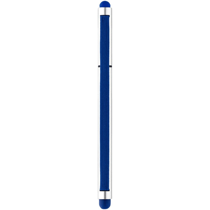 A blue stylus pen with a silver body and rubber tips on both ends. It features a logo on the barrel.