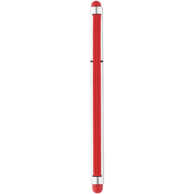 A stylus pen in silver with red accents, featuring a sleek design and a logo.