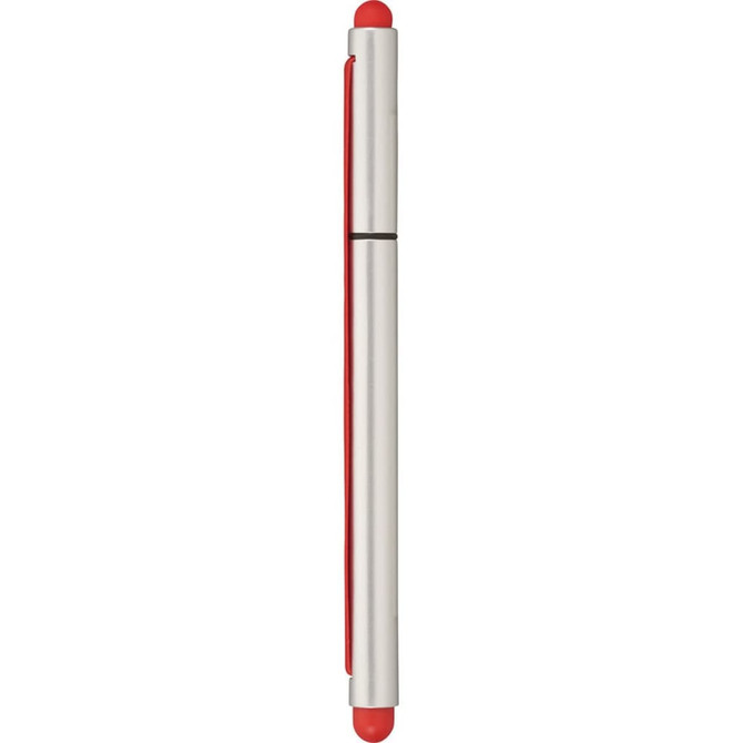A silver and red stylus pen with a sleek design and rounded tips on both ends, featuring a logo.