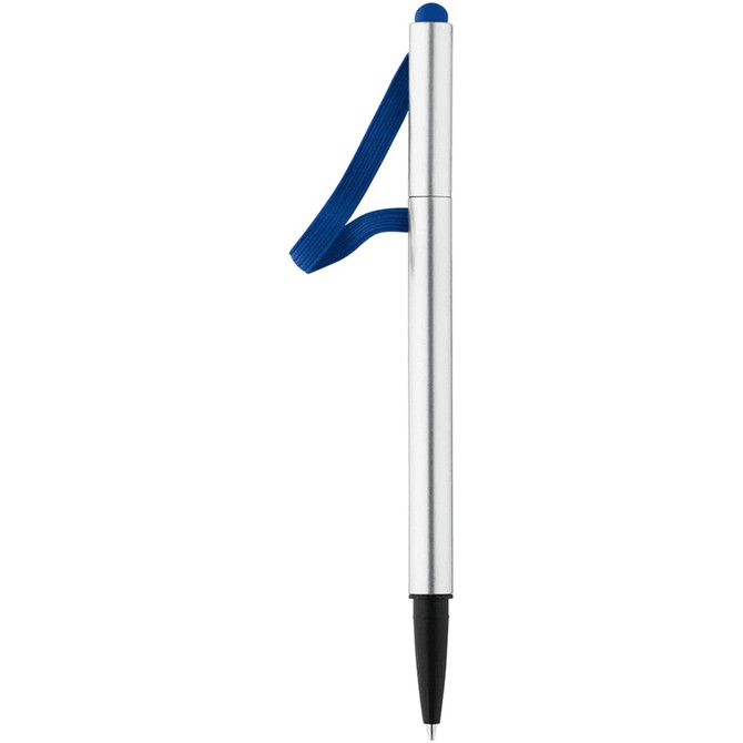 A silver stylus pen with a blue rubber grip and a blue clip. It features both a pen tip and a stylus tip.