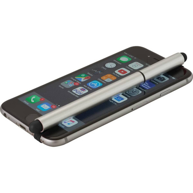 A stylus pen in silver placed across a smartphone screen, featuring a rounded tip and branding on the side.