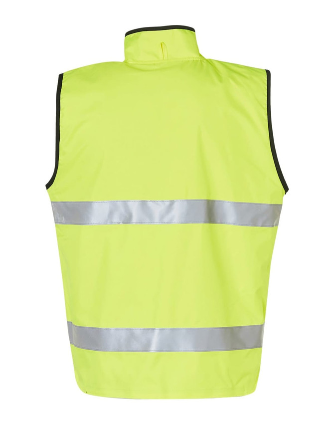 A Hi-Vis yellow reversible safety vest featuring 3M reflective tape, designed for safety wear.