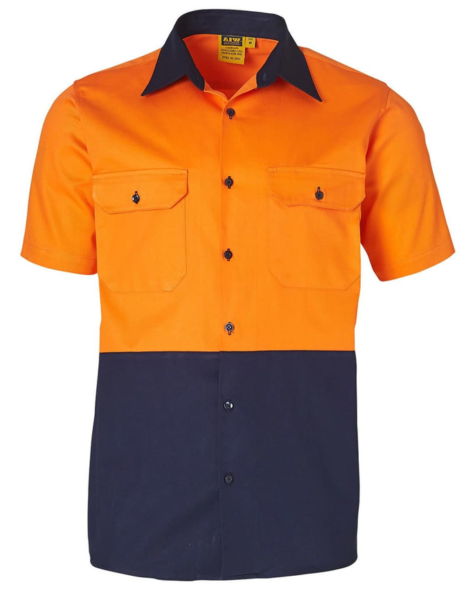 A short-sleeved cotton work shirt featuring a bright orange top half and a navy blue bottom half, with two chest pockets and a logo.
