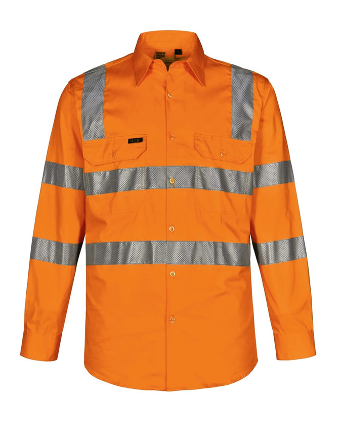 An orange long-sleeve work shirt featuring reflective silver stripes and a pocket, with a logo present.