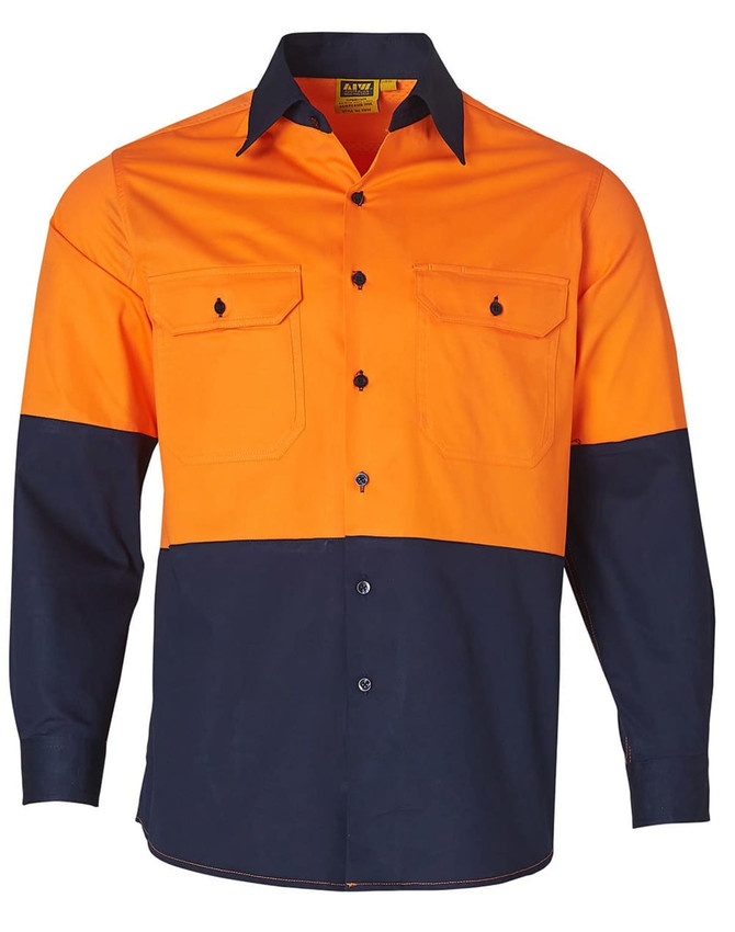 A Hi-Vis long-sleeve cotton work shirt in orange and navy, featuring two chest pockets and a logo.