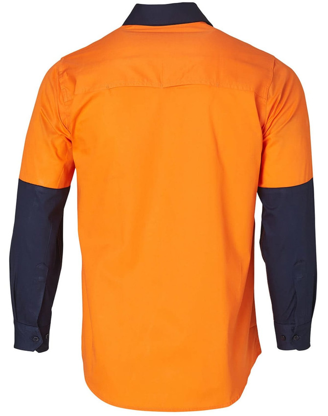 A Hi-Vis two tone long-sleeve cotton work shirt in orange and navy, featuring a logo on the back.