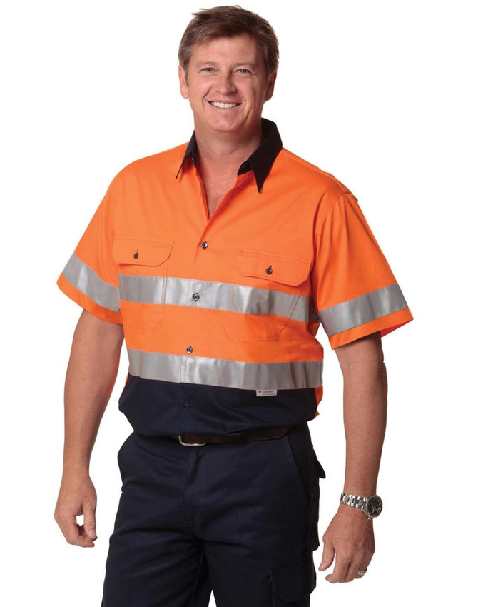 Hi-Vis short-sleeve safety shirt in orange with reflective strips, featuring a two-tone design and a logo.
