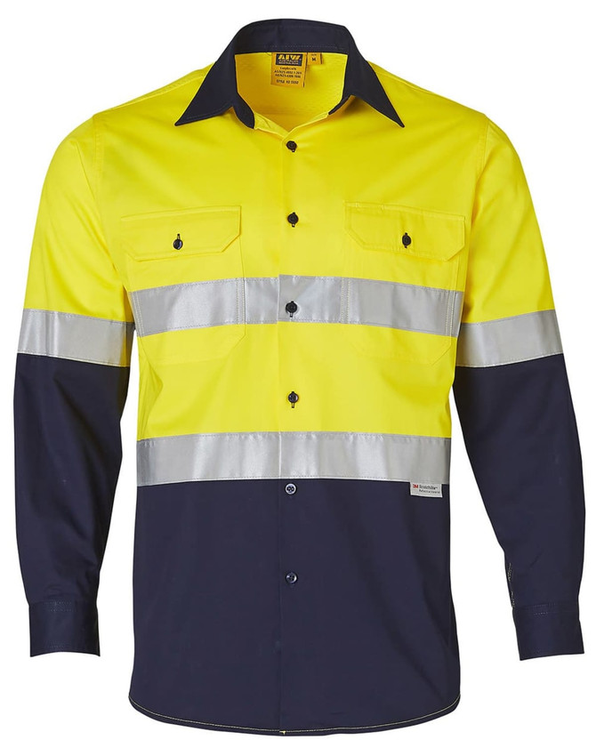 A high-visibility cotton drill shirt featuring yellow and navy colours with reflective stripes and a branding label.