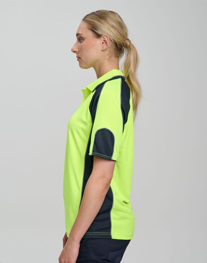A side view of a men's bright yellow polo shirt with navy sleeve panels and a logo on the chest.