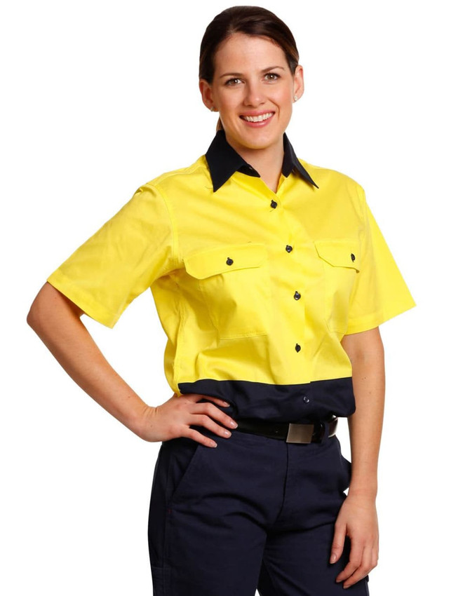 A women's short-sleeved safety shirt in bright yellow and navy blue, featuring a collar and small pockets.