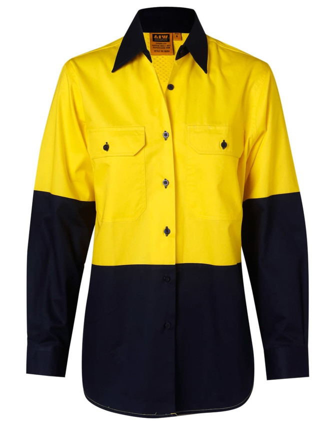 A ladies' long-sleeve safety shirt featuring a high-visibility yellow and navy blue design, with pockets and a logo.