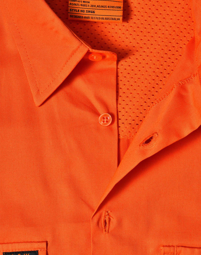 An orange work shirt featuring a collared design, mesh lining, and a logo on the pocket area.