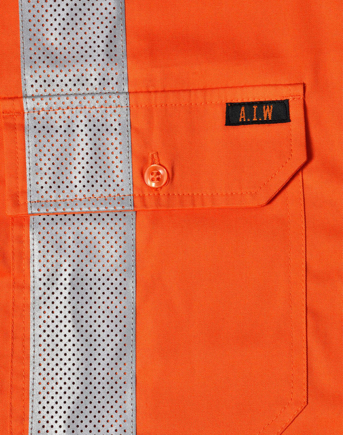 An orange work shirt featuring silver reflective strips and a chest pocket with a logo.