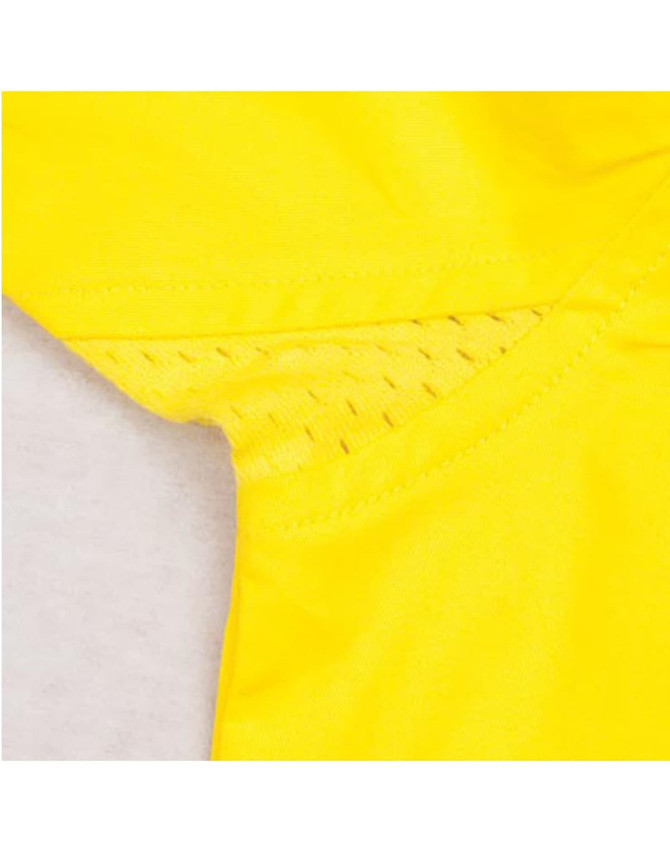 A close-up of a yellow long-sleeve cotton safety shirt featuring a mesh panel for breathability and a logo.
