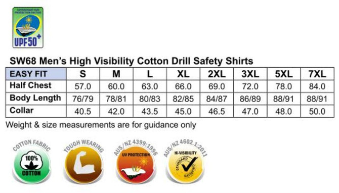 A table displaying sizes and measurements for men's high visibility cotton drill safety shirts in various sizes.