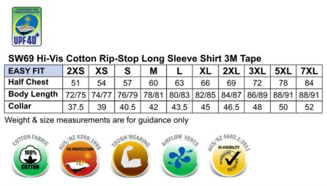 A Hi-Vis long-sleeve cotton rip-stop shirt in various sizes, featuring 3M tape for visibility. The shirt has a logo.