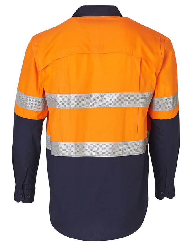 A long-sleeve safety shirt featuring orange and navy colours, with reflective 3M tape stripes and a branded logo.