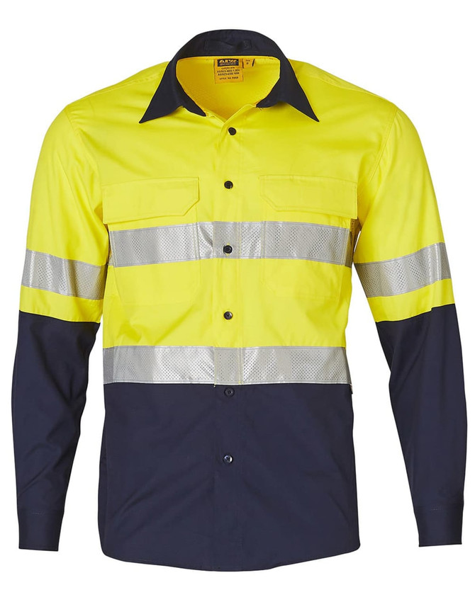 A long-sleeved safety shirt in bright yellow with navy blue accents and reflective tape. Features buttons and pockets.