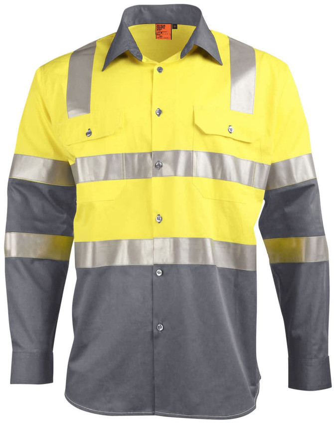 A two-tone safety shirt featuring bright yellow and grey colours with reflective tape and a collar. It has two front pockets.