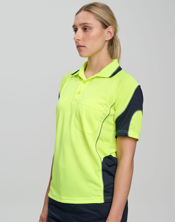 A high-visibility yellow polo shirt with navy accents, featuring a logo on the chest and a collar.