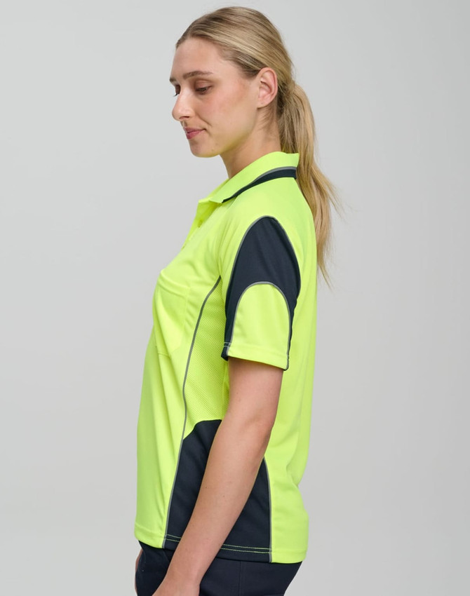 A high-visibility polo shirt in bright yellow with navy accents, featuring a logo on the chest.