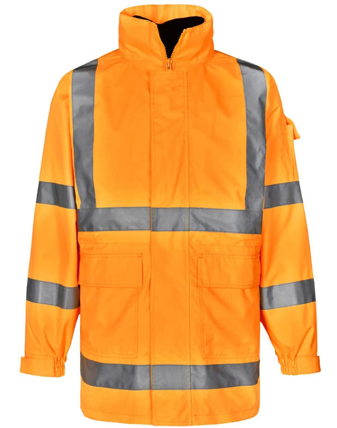 A bright orange safety jacket with reflective stripes and multiple pockets, featuring a high collar and a logo.