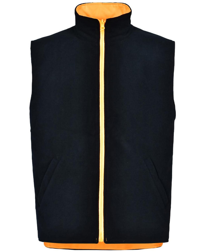 A reversible safety vest featuring a black outer and orange inner, with a front zip and side pockets.