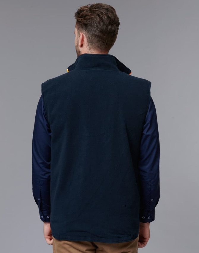 A reversible safety vest in navy blue, featuring a collar and a logo on the back.