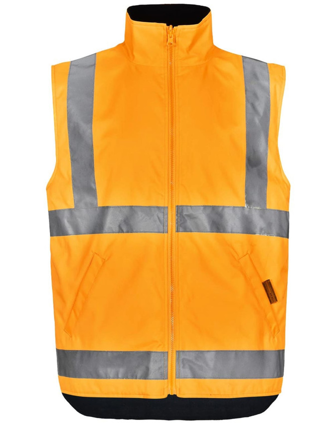 A reversible safety vest in bright orange with reflective stripes and a high collar, featuring two side pockets and a logo.